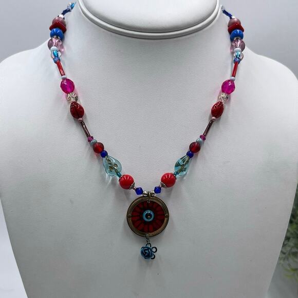 Designer Signed Artisan Evil Eye Multicolor Red Blue Glass Resin Necklace - Picture 1 of 8